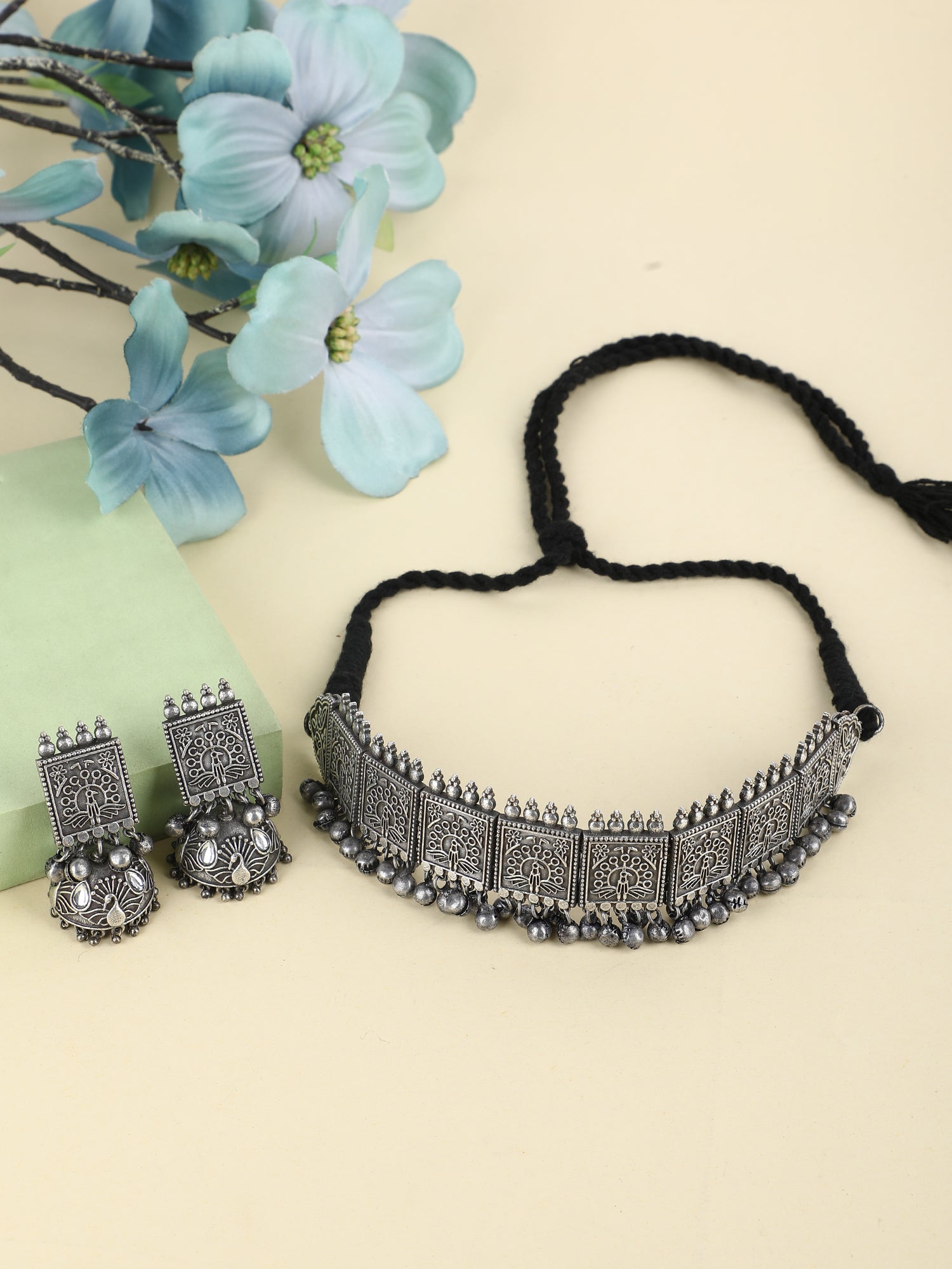 Antique Oxidized Silver Choker Necklace Set with Earrings