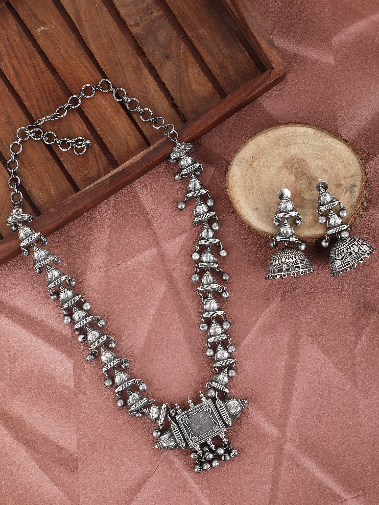  Oxidized Silver Necklace Set with Jhumka Earrings