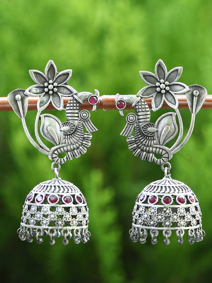 Oxidised Floral Peacock Jhumka Earrings for Women