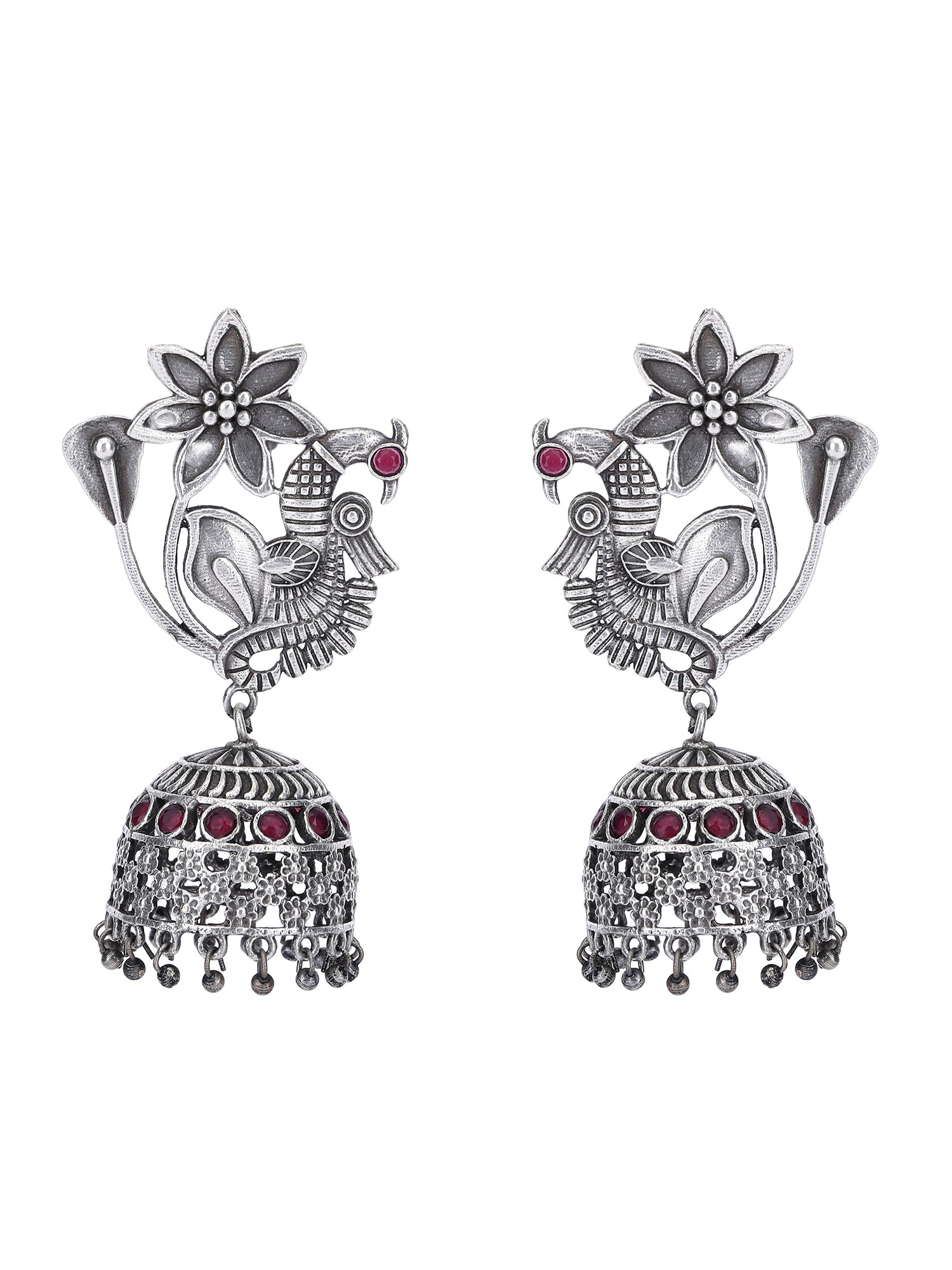 Oxidised Floral Peacock Jhumka Earrings for Women