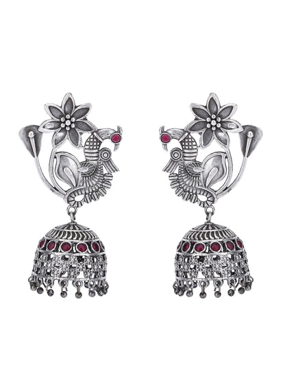 Oxidised Floral Peacock Jhumka Earrings for Women