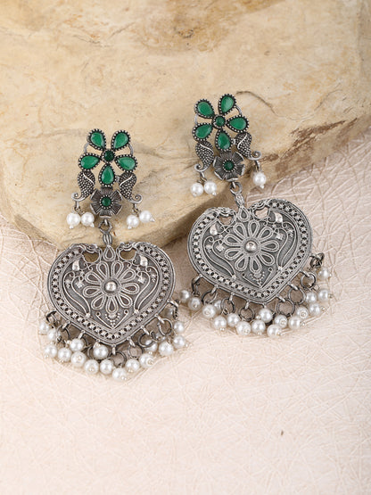 Oxidised Heart-Shaped Earrings with Green Stone & Pearls
