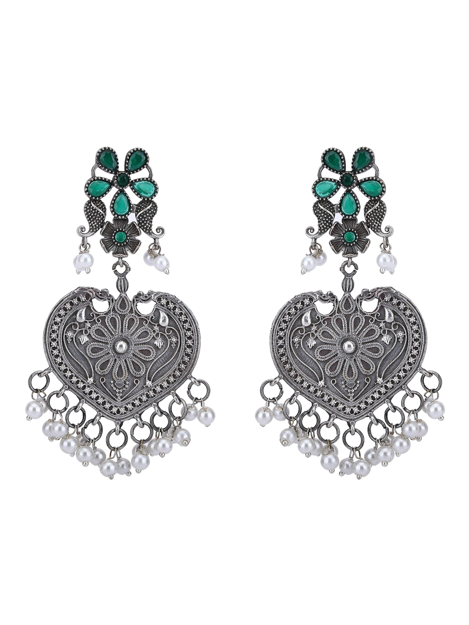 Oxidised Heart-Shaped Earrings with Green Stone & Pearls