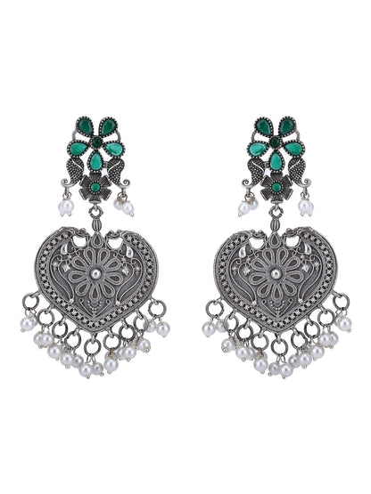 Oxidised Heart-Shaped Earrings with Green Stone & Pearls