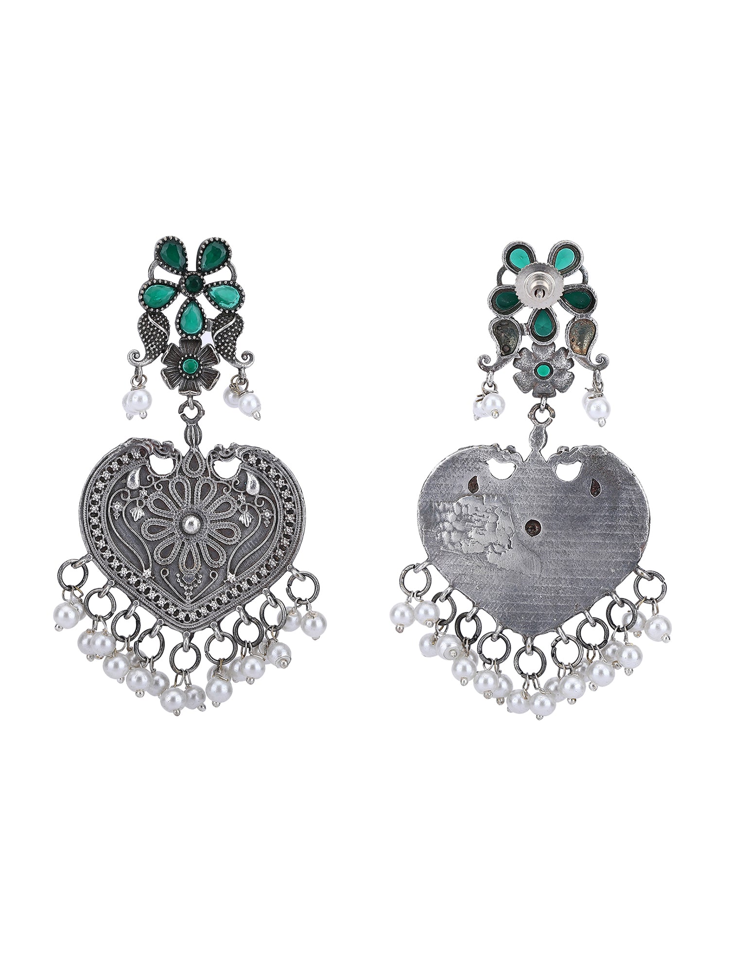 Oxidised Heart-Shaped Earrings with Green Stone & Pearls