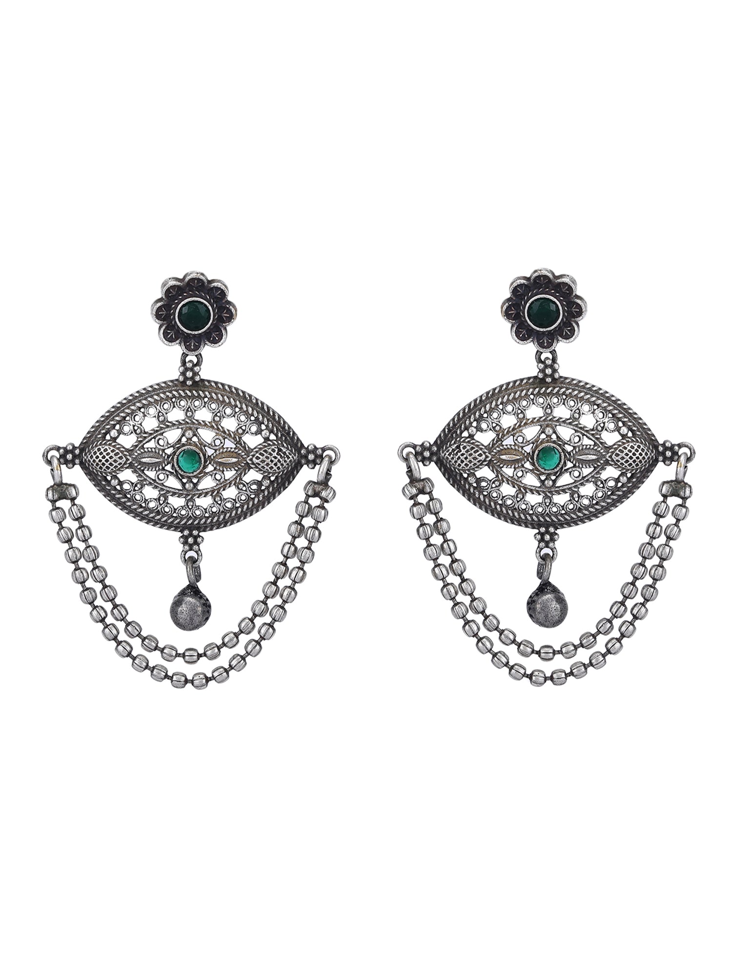 Oxidised Chain Drop Earrings with Green Accents