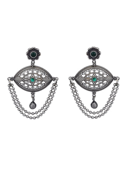 Oxidised Chain Drop Earrings with Green Accents