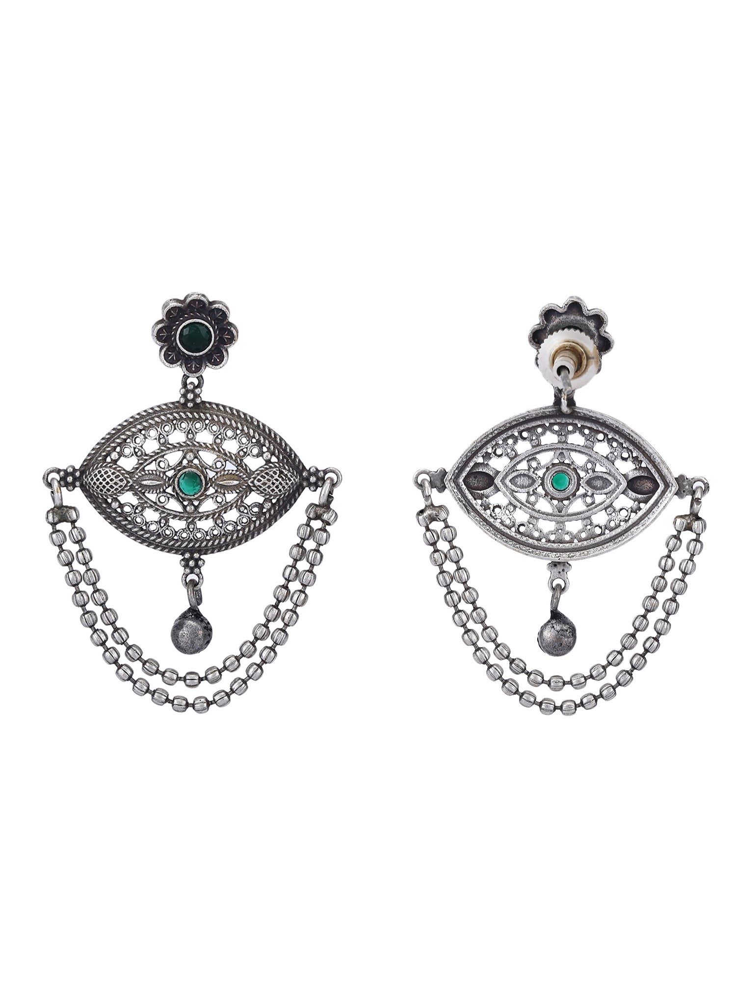 Oxidised Chain Drop Earrings with Green Accents