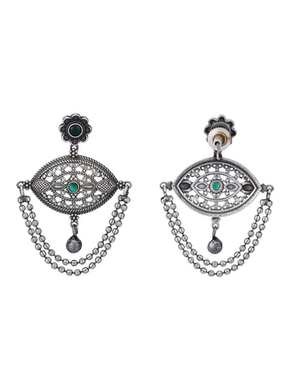 Oxidised Chain Drop Earrings with Green Accents