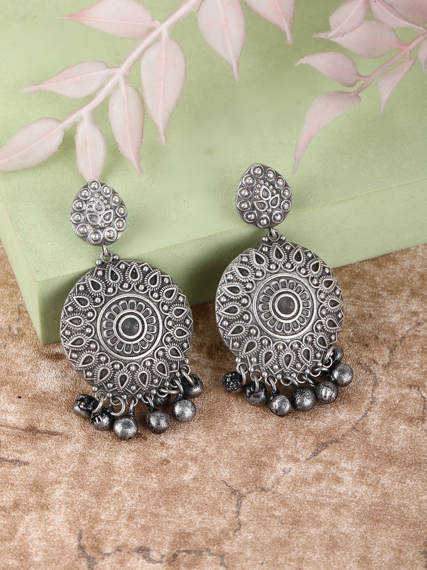 Oxidised Round Jhumka Earrings with Intricate Pattern