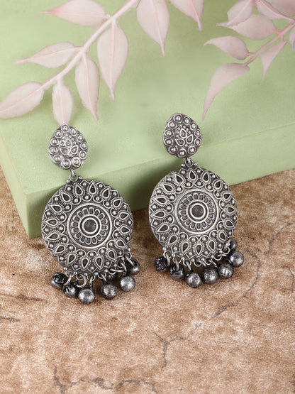 Oxidised Round Jhumka Earrings with Intricate Pattern