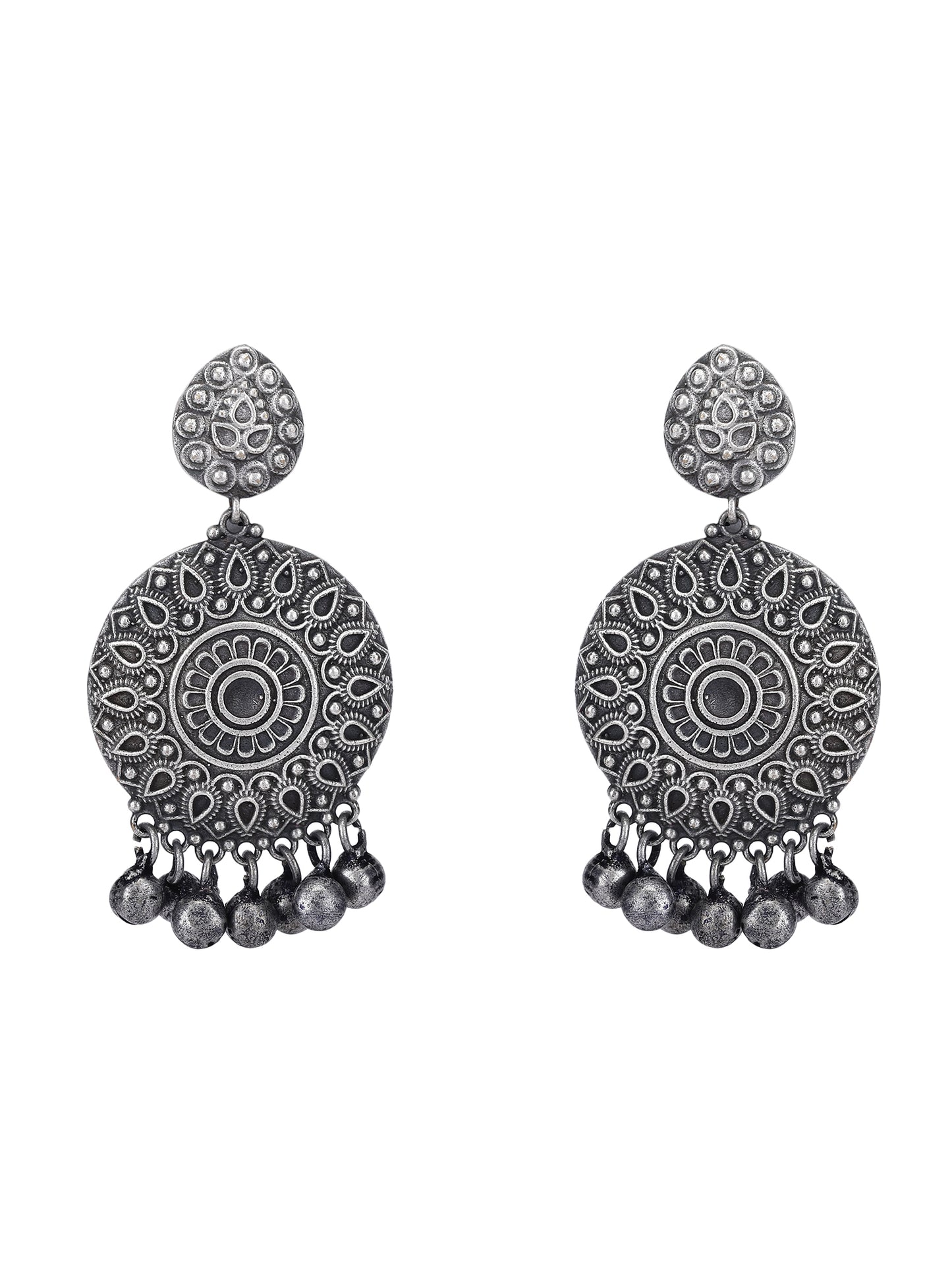 Oxidised Round Jhumka Earrings with Intricate Pattern