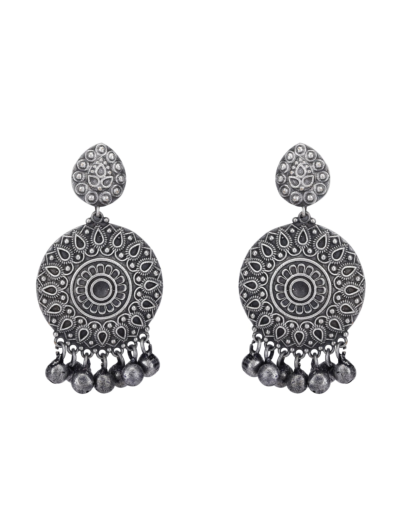 Oxidised Round Jhumka Earrings with Intricate Pattern