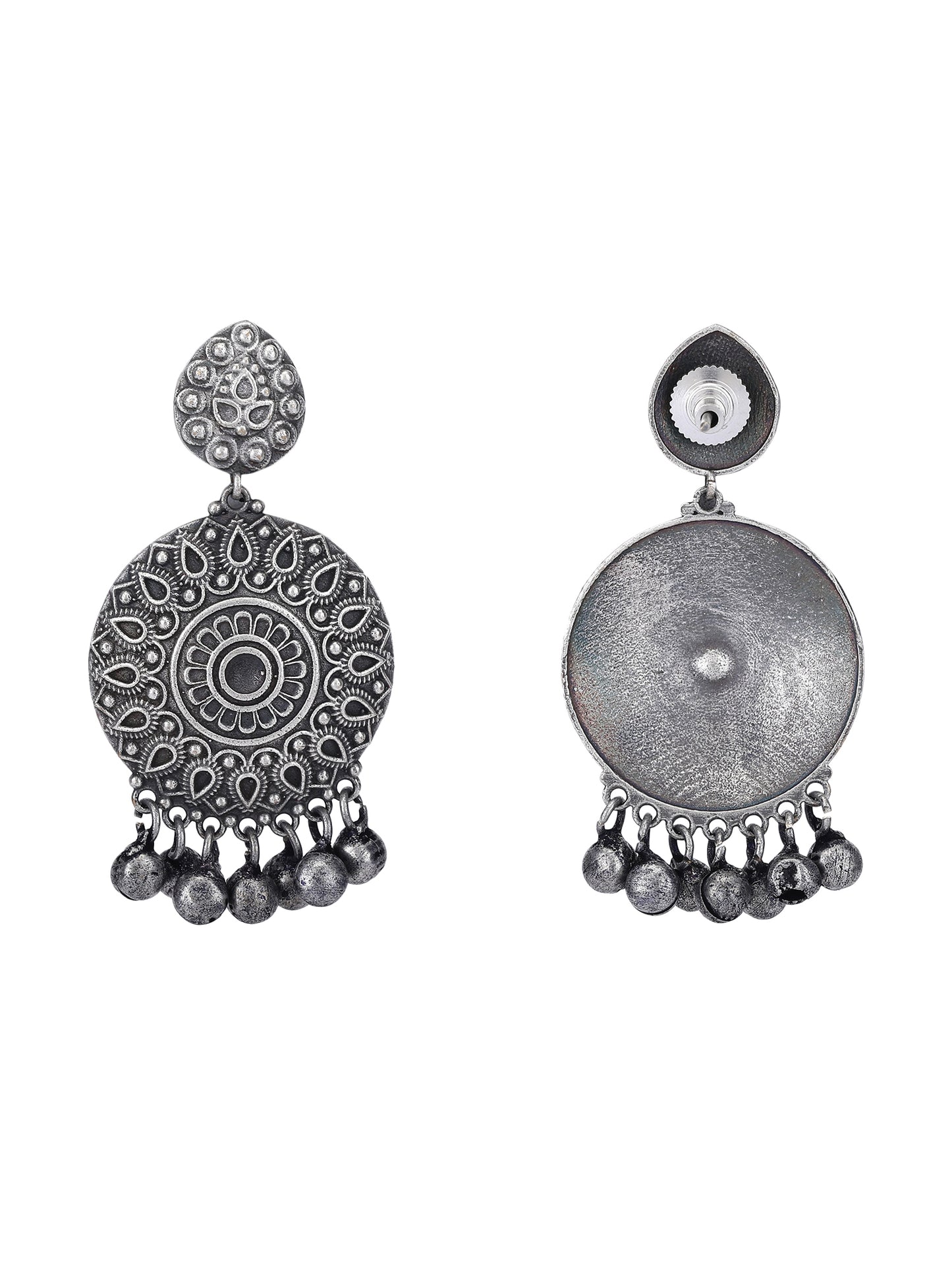 Oxidised Round Jhumka Earrings with Intricate Pattern