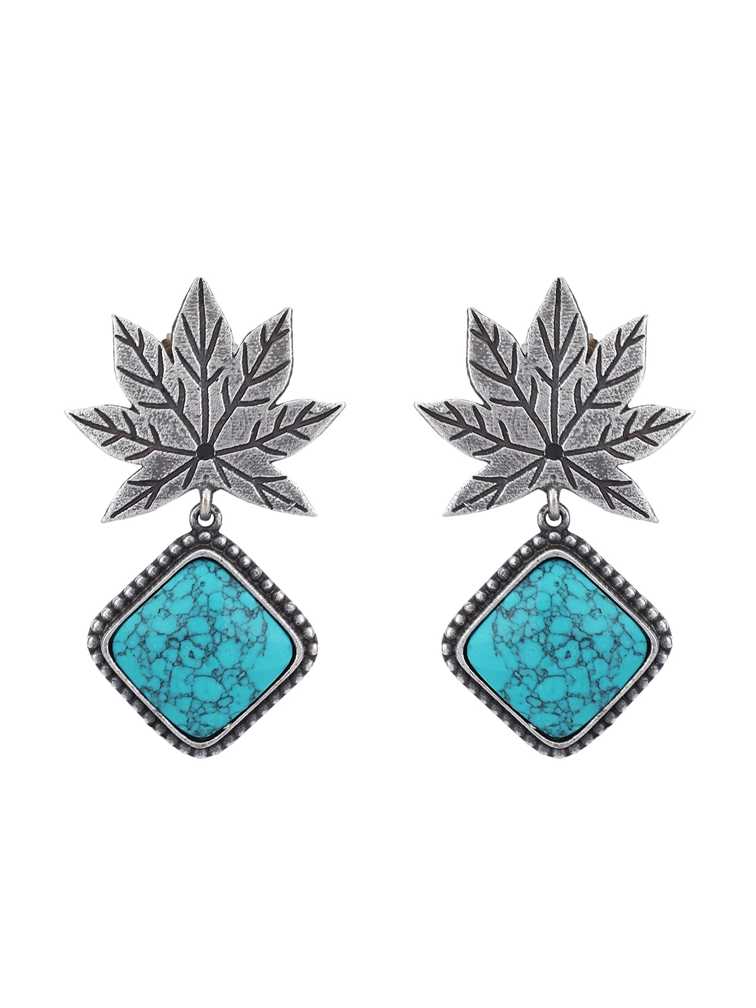 Oxidized Maple Leaf Earrings Design with Turquoise Stone