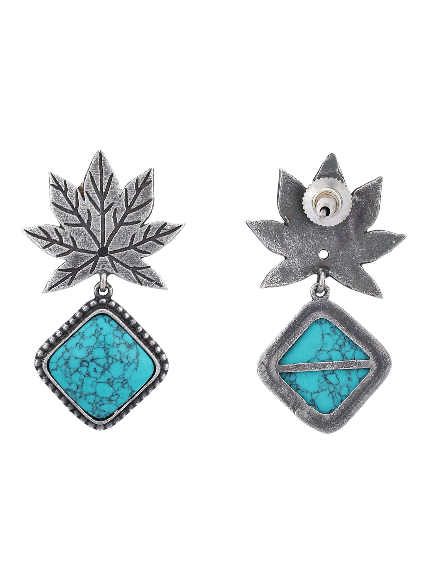 Oxidized Maple Leaf Earrings Design with Turquoise Stone