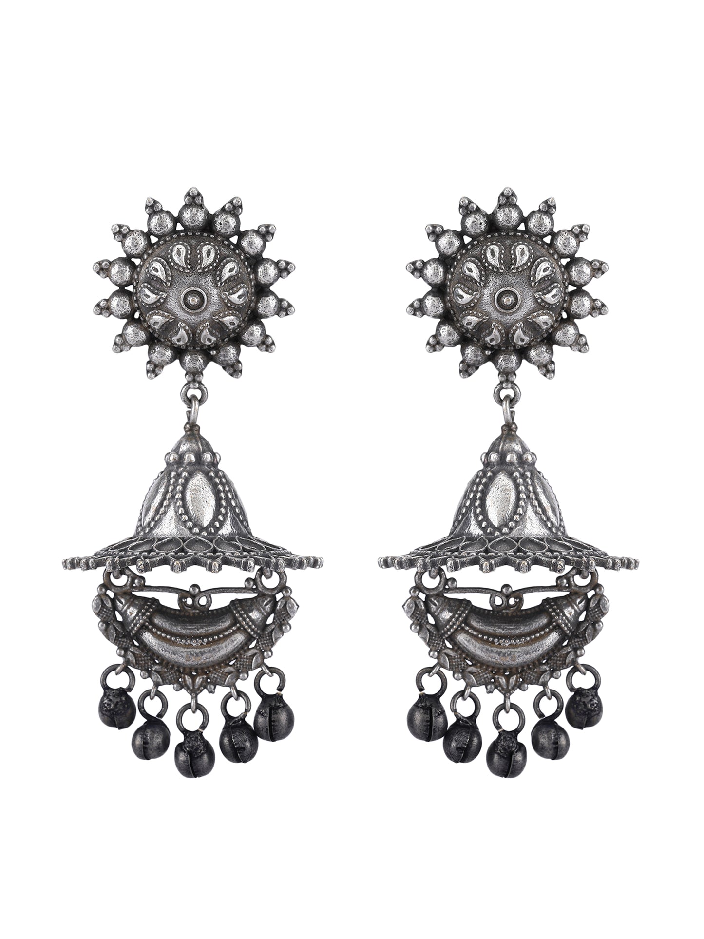 Oxidized Floral Jhumka Earrings with Intricate Detailing