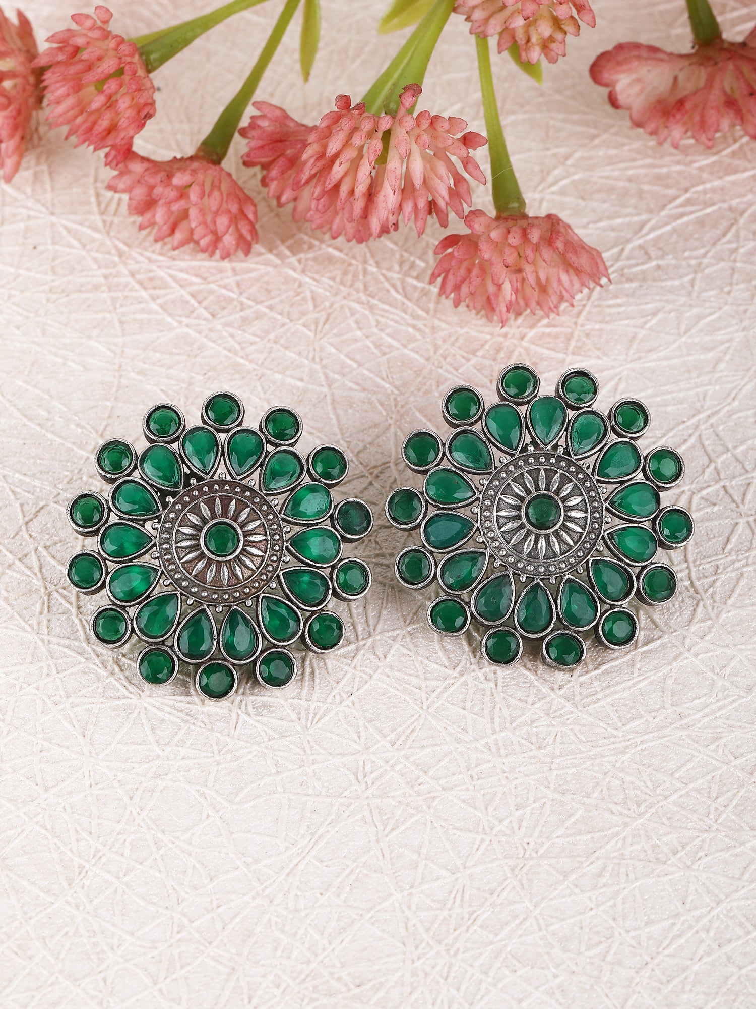 Oxidized Floral Earrings with Green Stone Accents