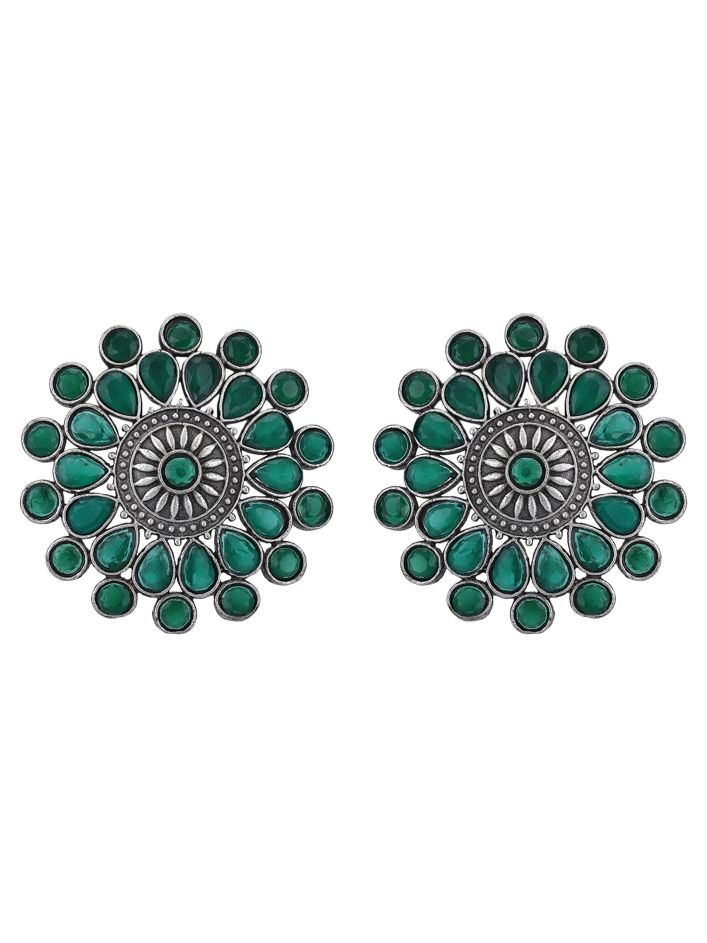 Oxidized Floral Earrings with Green Stone Accents