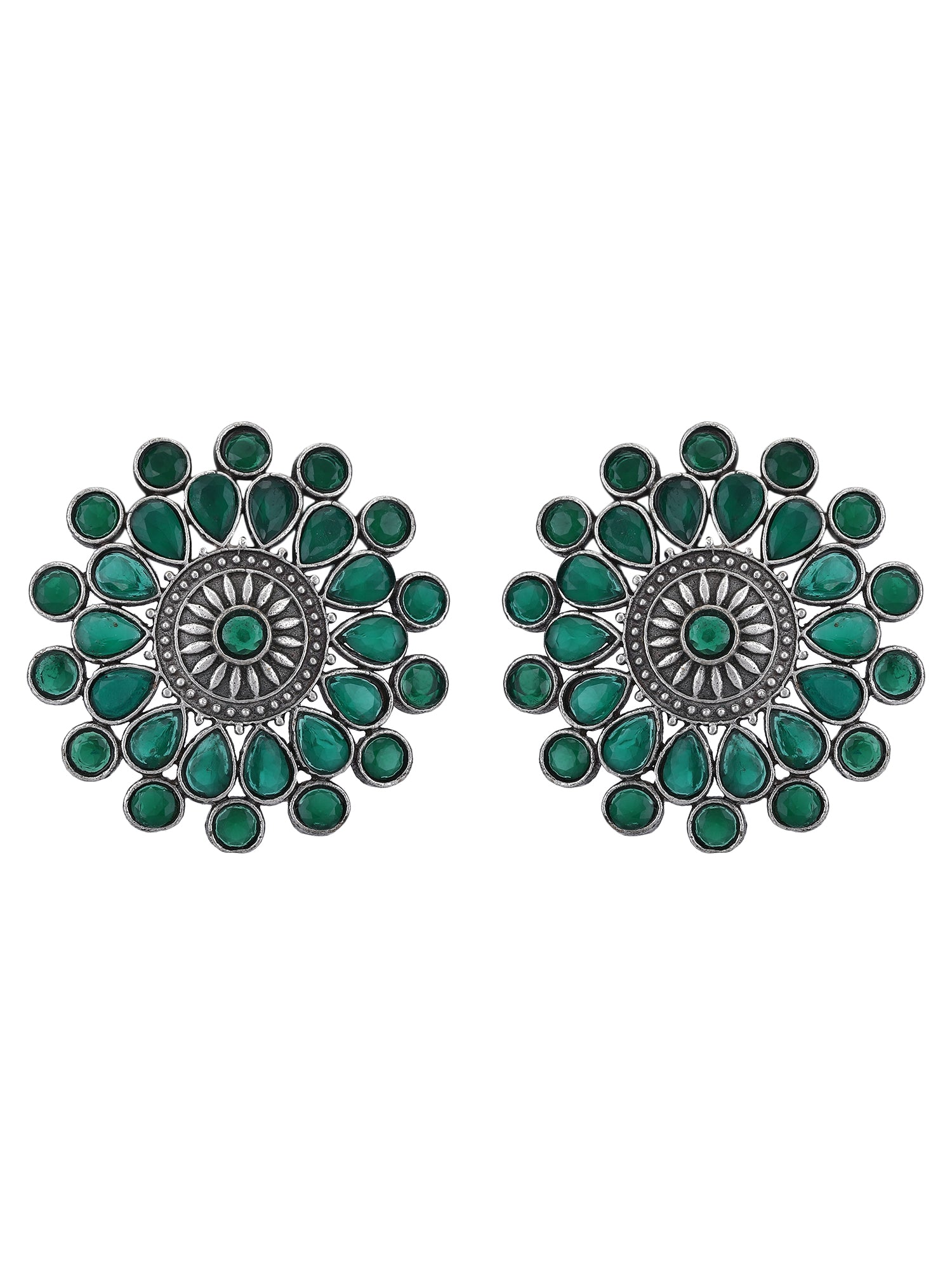 Oxidized Floral Earrings with Green Stone Accents