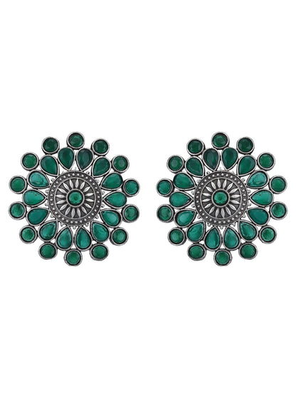 Oxidized Floral Earrings with Green Stone Accents