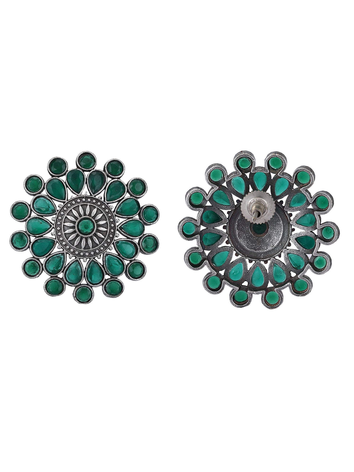 Oxidized Floral Earrings with Green Stone Accents