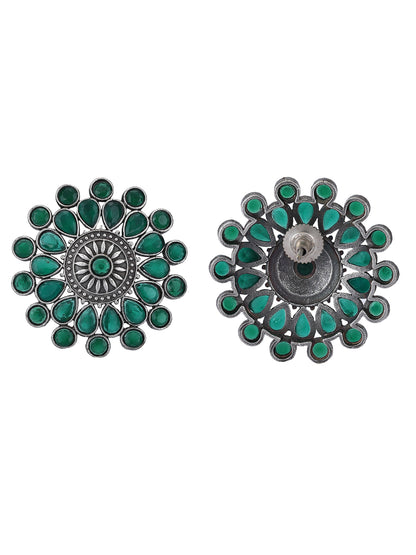Oxidized Floral Earrings with Green Stone Accents