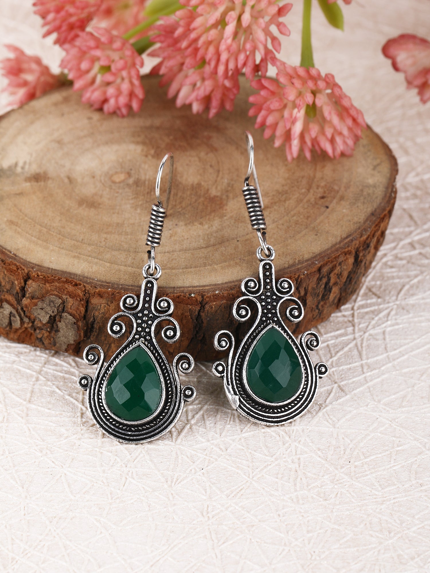 Elegant Oxidized Silver Drop Earrings with Green Teardrop Stone