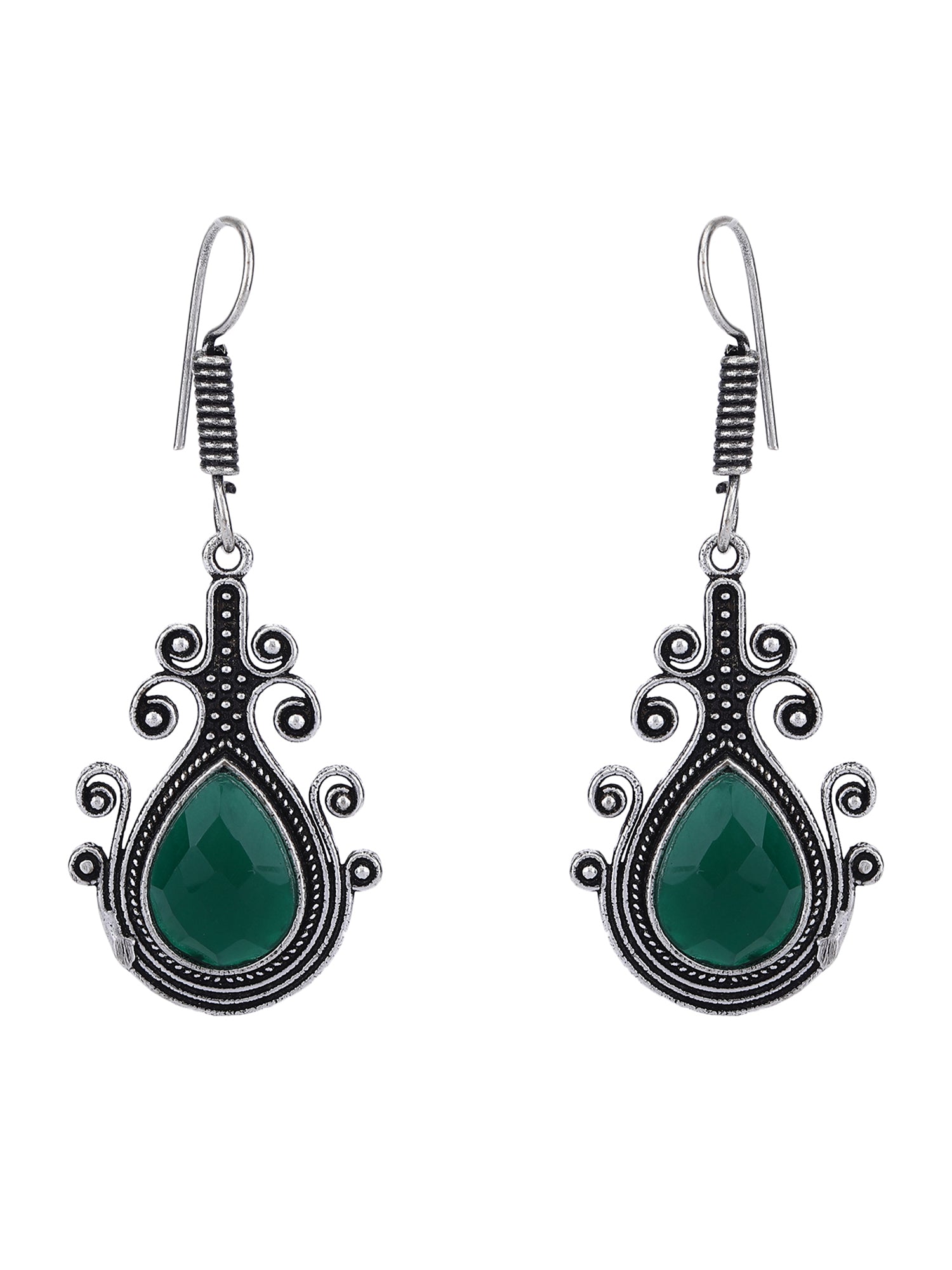 Elegant Oxidized Silver Drop Earrings with Green Teardrop Stone