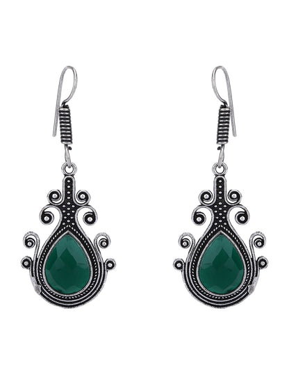 Elegant Oxidized Silver Drop Earrings with Green Teardrop Stone