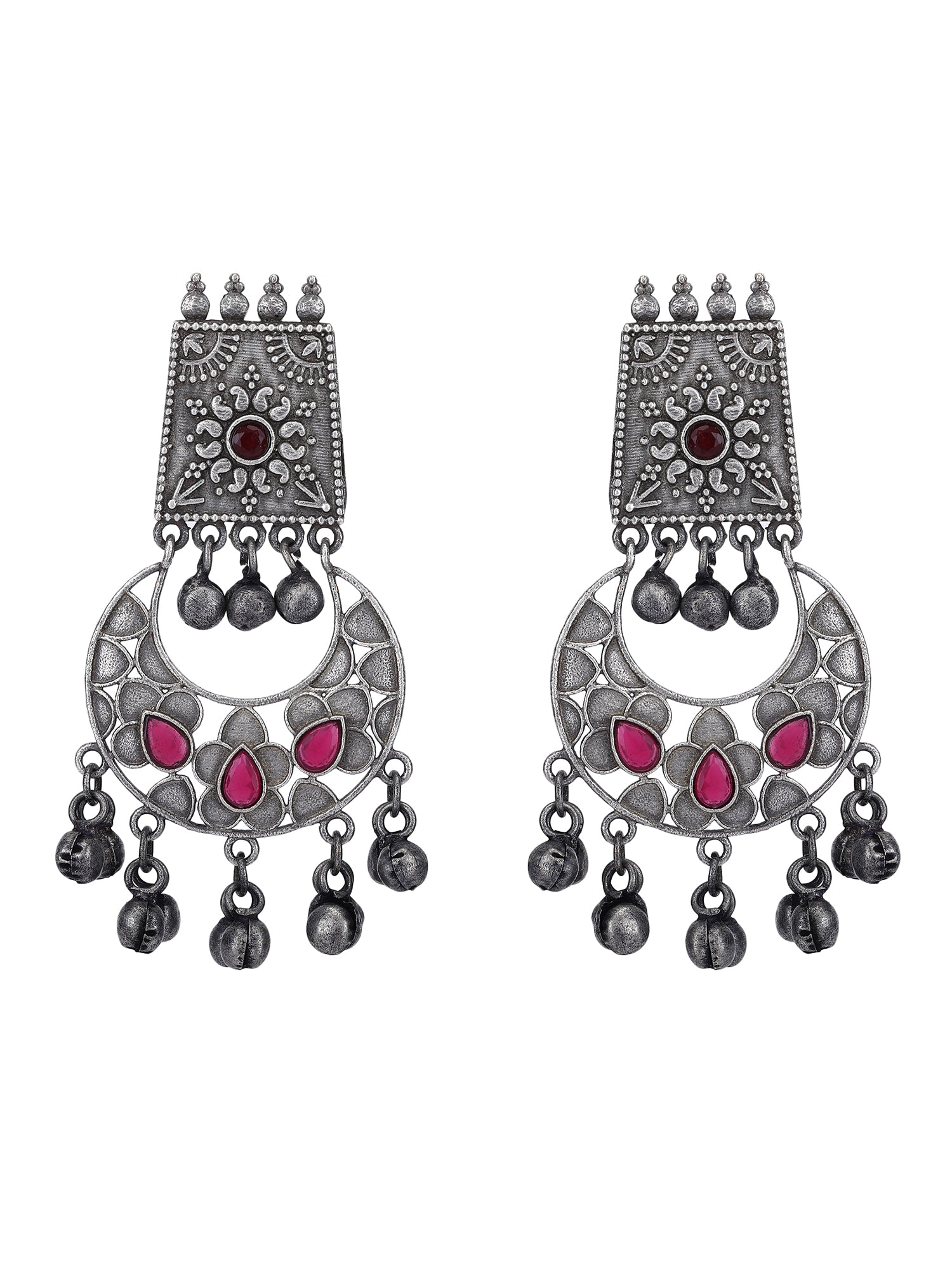 Traditional Oxidised Silver and Red Stone Chandbali Earrings