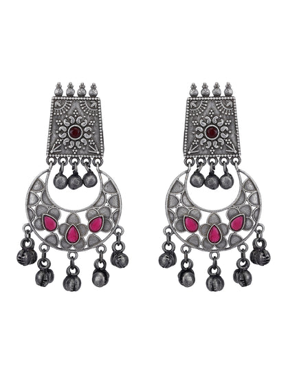Traditional Oxidised Silver and Red Stone Chandbali Earrings