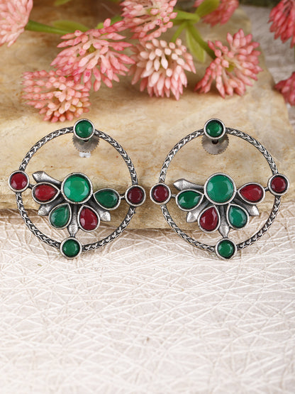 Oxidised Round Earrings with Green and Red Stones