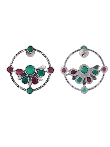 Oxidised Round Earrings with Green and Red Stones