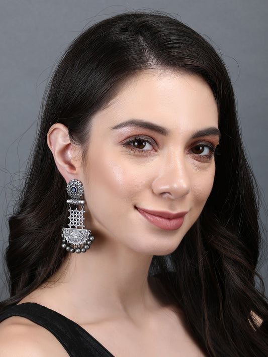Oxidized Silver Jhumka Earrings with Blue Stone