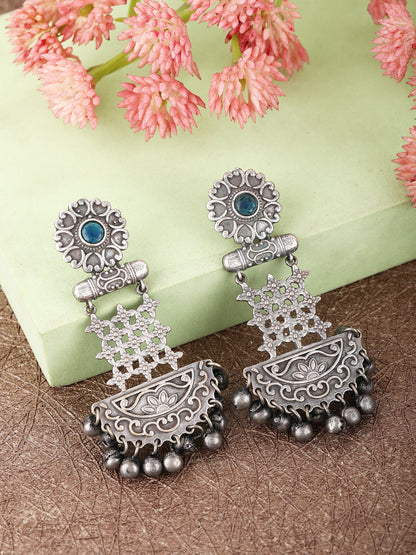 Oxidized Silver Jhumka Earrings with Blue Stone