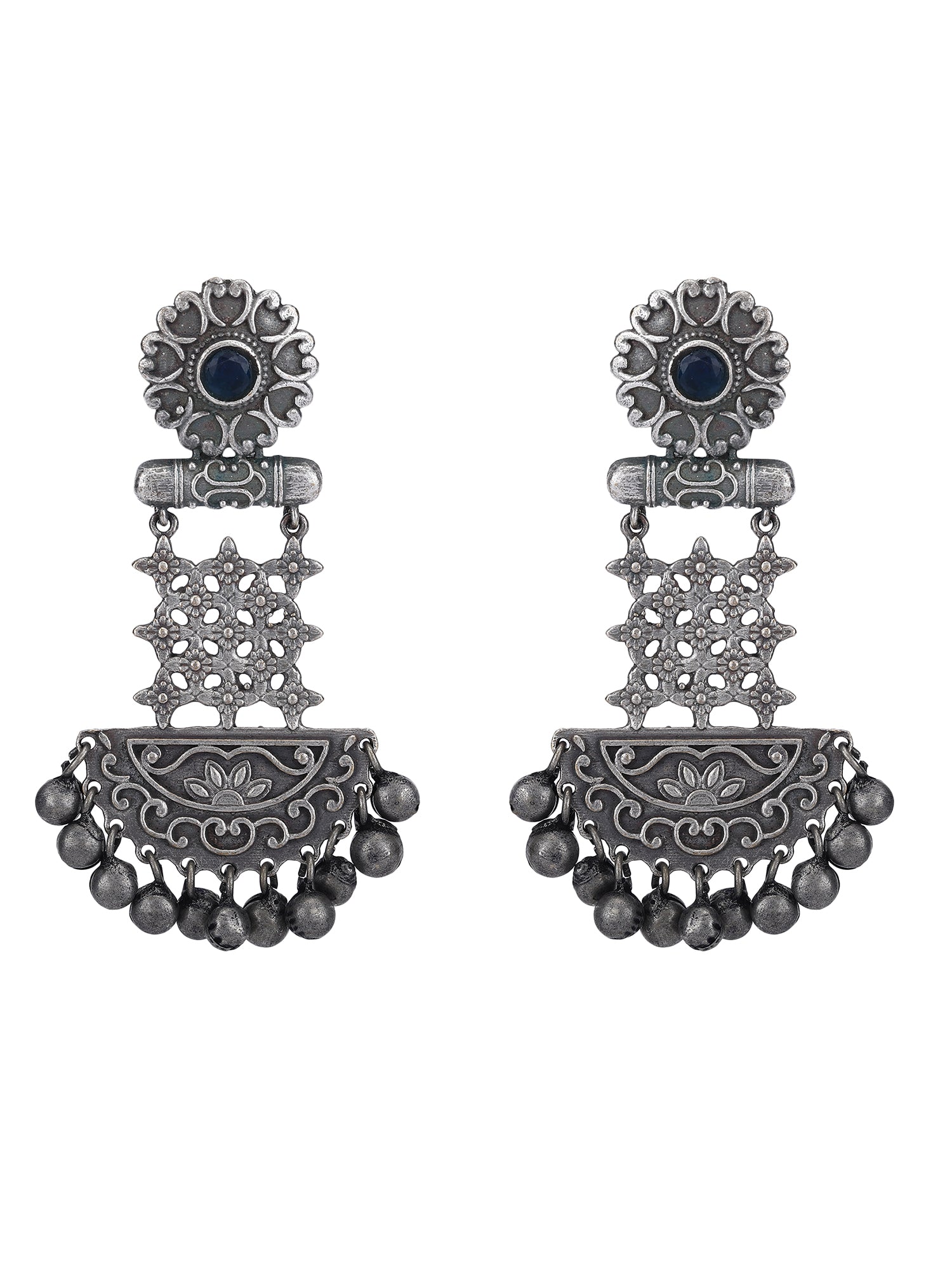 Oxidized Silver Jhumka Earrings with Blue Stone
