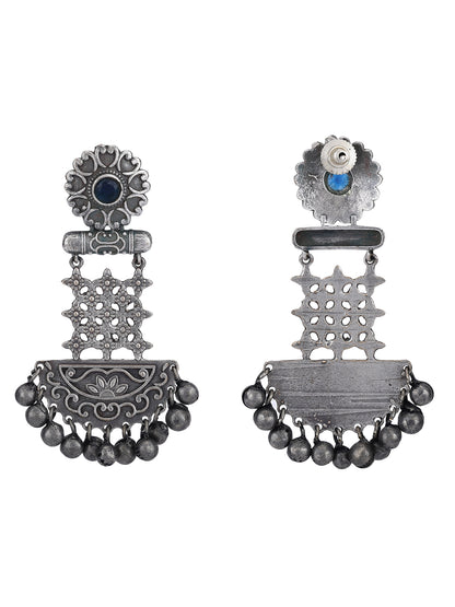 Oxidized Silver Jhumka Earrings with Blue Stone