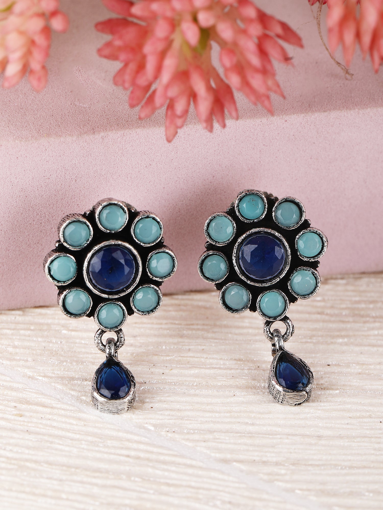 Buy Vintage Floral Blue Stone Stud Earrings