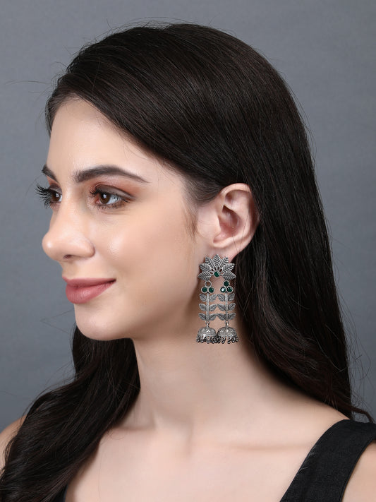 Antique Green Stone Leaf Jhumka Earrings