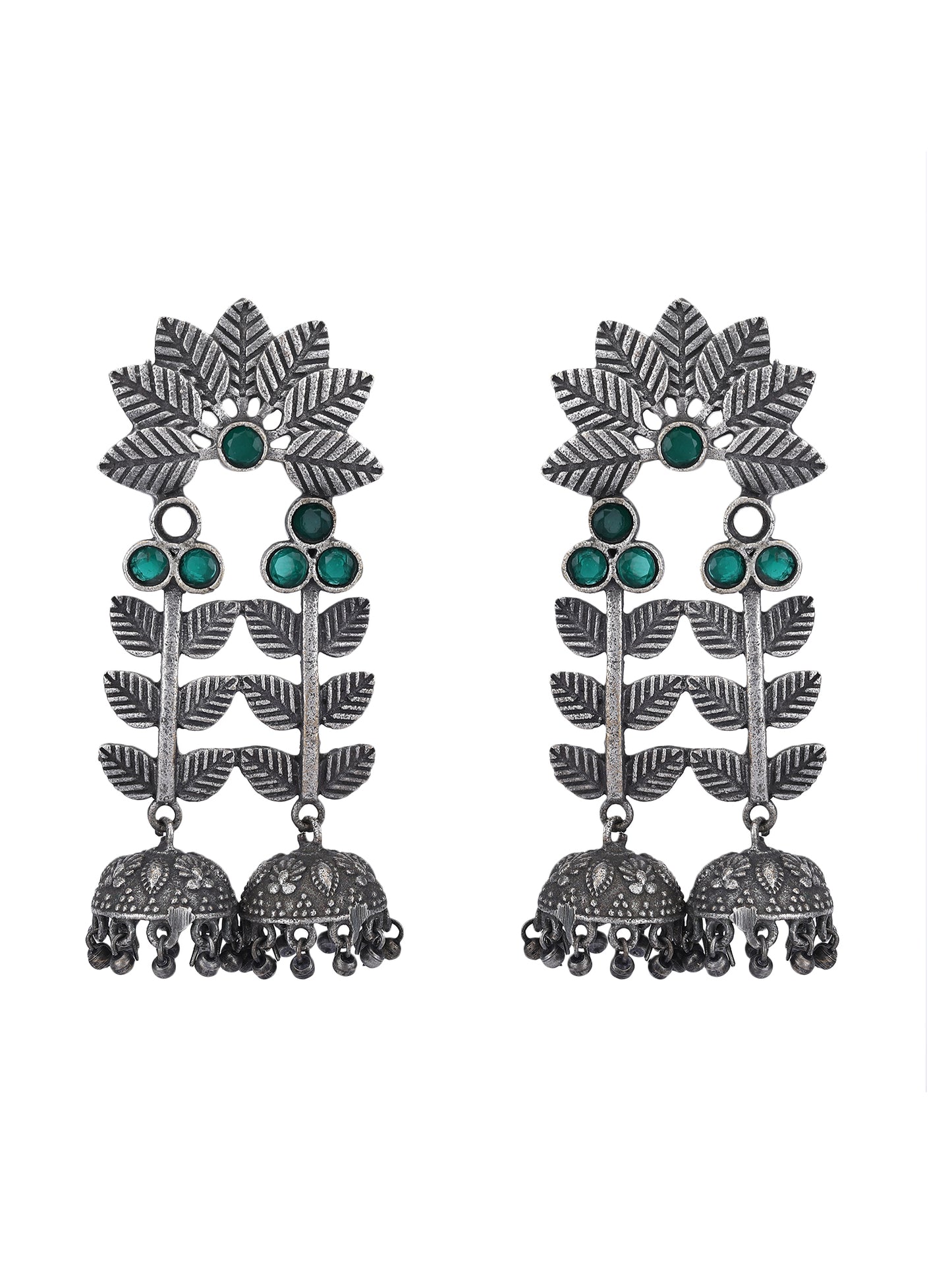 Antique Green Stone Leaf Jhumka Earrings