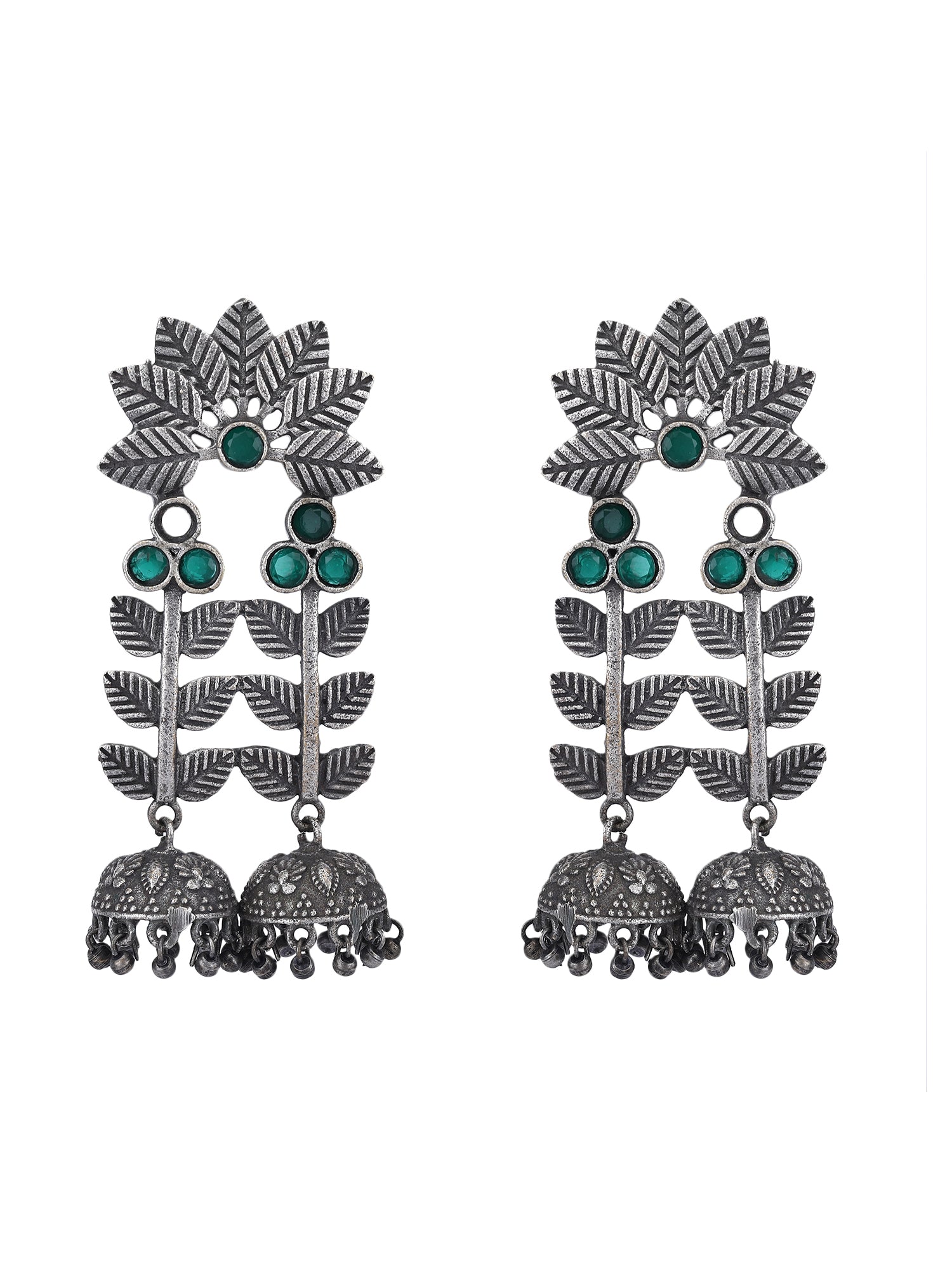 Antique Green Stone Leaf Jhumka Earrings