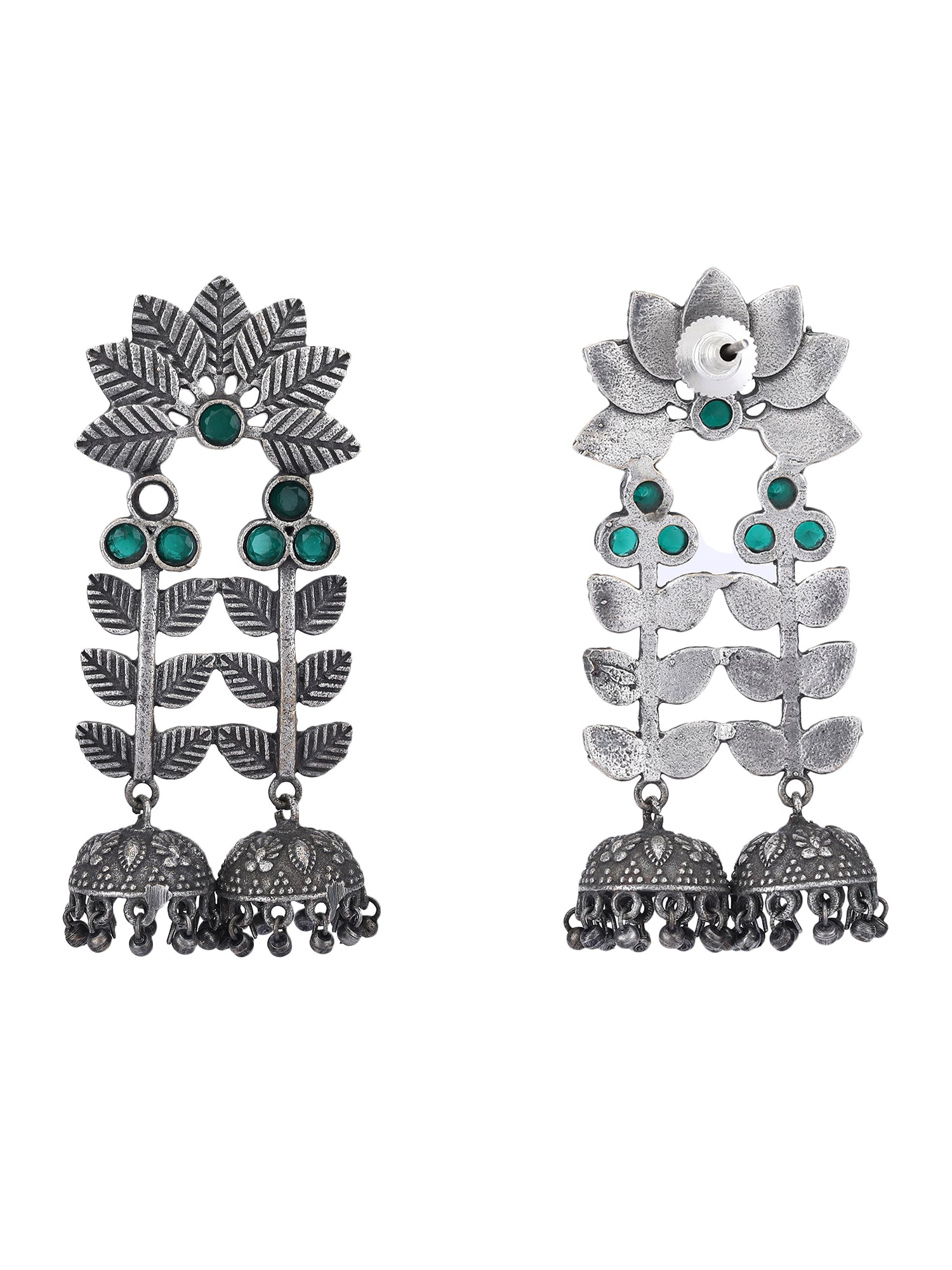 Antique Green Stone Leaf Jhumka Earrings