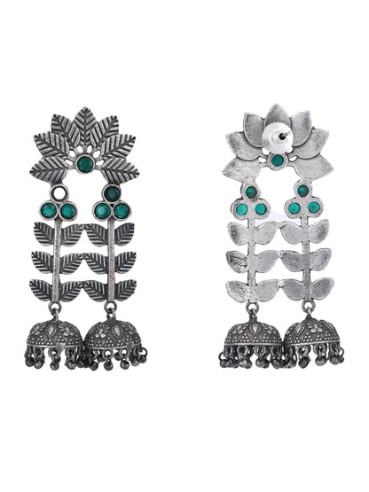Antique Green Stone Leaf Jhumka Earrings