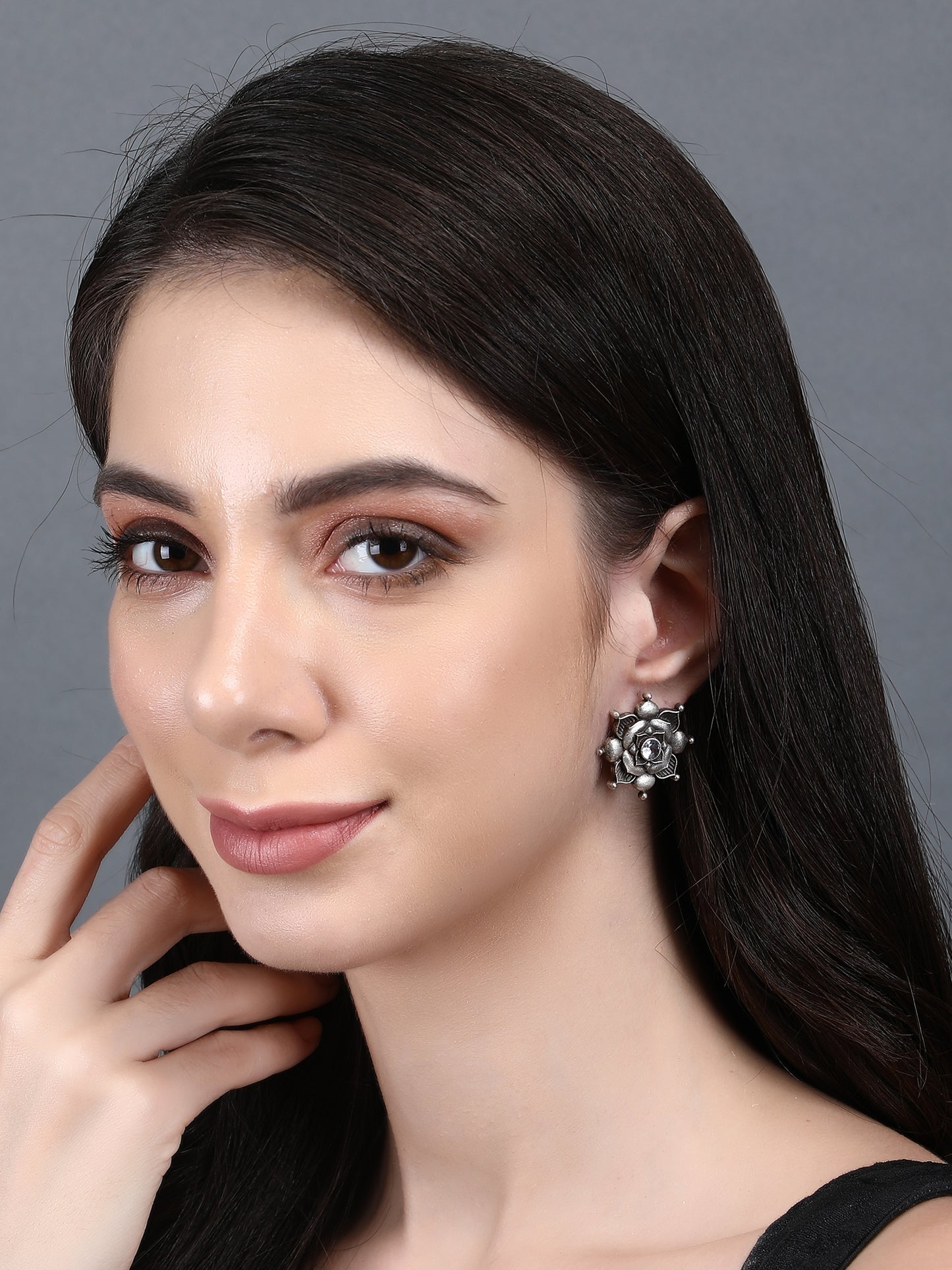Antique Silver Floral Stud Earrings with White Stone