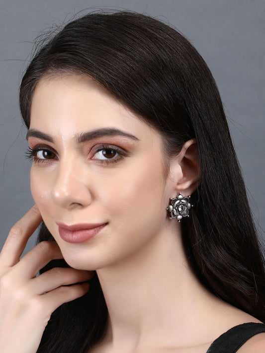 Antique Silver Floral Stud Earrings with White Stone