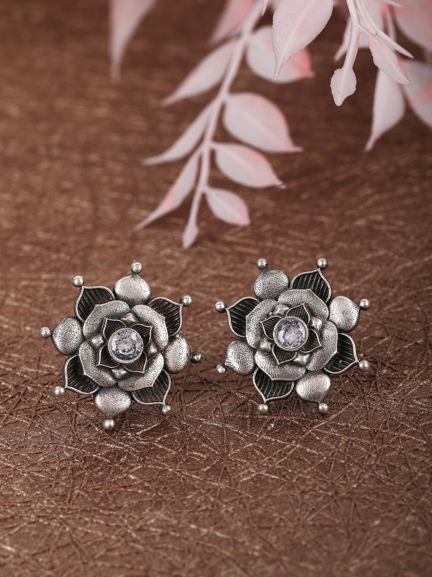 Antique Silver Floral Stud Earrings with White Stone