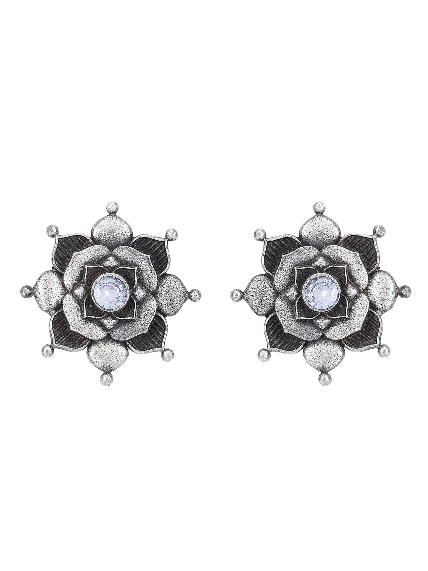 Antique Silver Floral Stud Earrings with White Stone