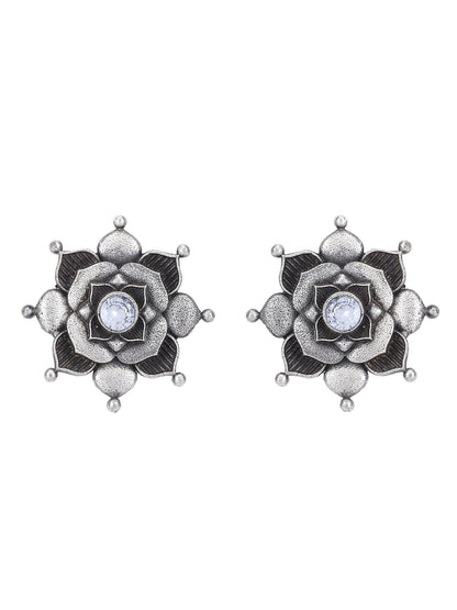Antique Silver Floral Stud Earrings with White Stone