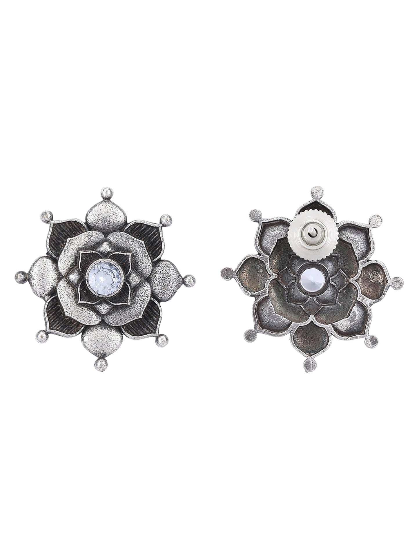 Antique Silver Floral Stud Earrings with White Stone